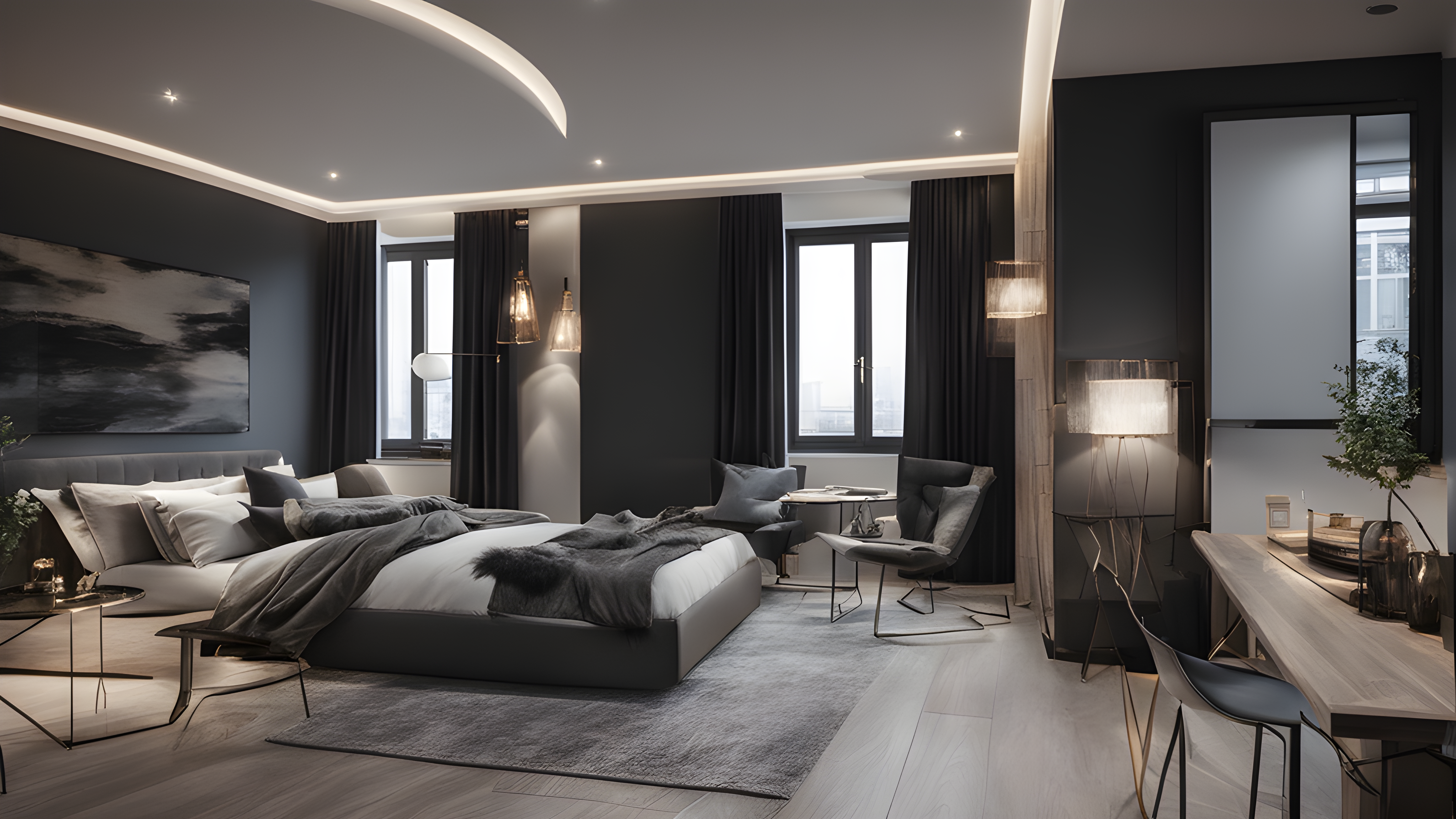 new-build-luxury-apartment-in-the-city-inside-view-bedroom-high-quality-living-dark-interior-614947933